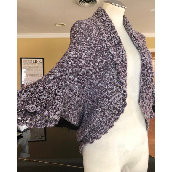 Nina Purple Heathered Angel Winged Sleeve Crocheted Circle Shrug Knit Sweater S - Picture 7 of 12